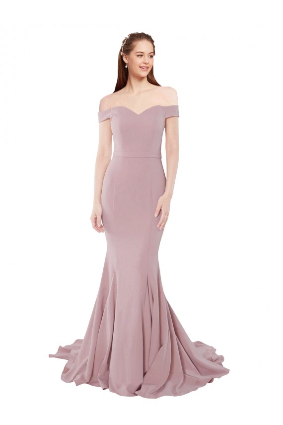 Outlet Stretch Crepe Off the Shoulder Sleeveless Sweep Train Evening Dress