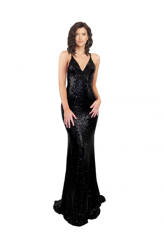 Outlet Sequin V-Neck Sleeveless Open Back Long Black Tie Evening Dress