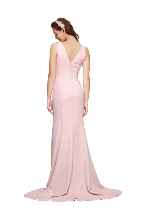 Outlet Stretch Crepe V-Neck Sleeveless V-Back Pink Sweep Train Black Tie Evening Dress