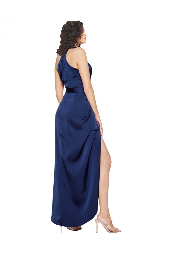 Outlet Silky Satin Halter Neck Sleeveless Long High Low Evening Dress
