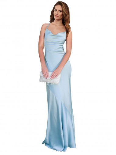 Outlet Silky Satin Cowl Neck Sleeveless Open Back Light Sky Blue Long Formal Evening Dress