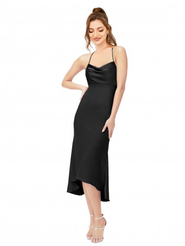 Outlet Silky Satin Cowl Neck Sleeveless Open Back Midi Length High Low Evening Dress