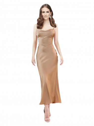 Outlet Silky Satin Cowl Neck Sleeveless Open Back Midi Length Formal Evening Dress