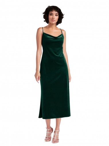 Outlet Stretch Velvet Cowl Neck Sleeveless Open Back Midi Length Black Tie Evening Dress
