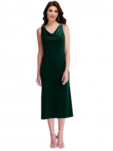 Outlet Stretch Velvet Cowl Neck Sleeveless V-Back Midi Length Evening Dress