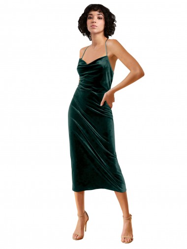 Outlet Stretch Velvet Spaghetti Straps Sleeveless Open Back Midi Length Formal Dress