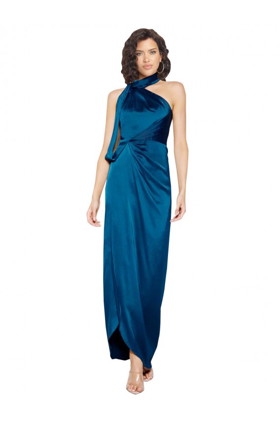 Outlet Silky Satin Halter Neck Sleeveless Long Formal Evening Dress