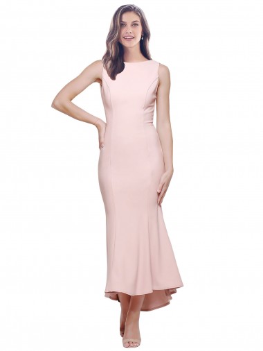 Outlet Stretch Crepe High Neck Sleeveless Low Back Midi Length High Low Evening Dress