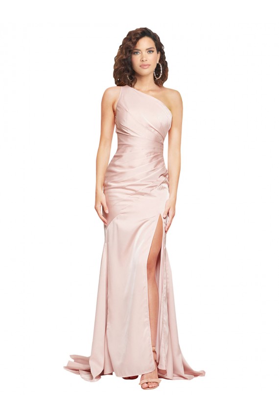 Outlet Silky Satin One Shoulder Sleeveless Pink Long Black Tie Evening Dress