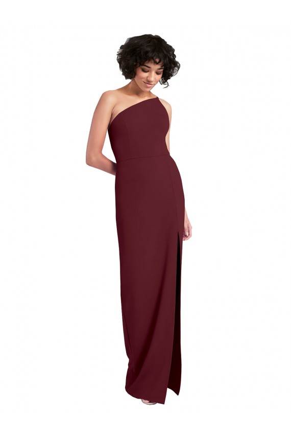 Outlet Stretch Crepe One Shoulder Sleeveless Burgundy Gold Long Formal Evening Dress