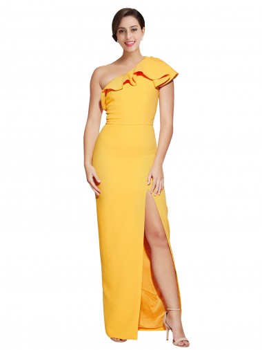 Outlet Stretch Crepe One Shoulder Sleeveless Saffron Long Formal Evening Dress