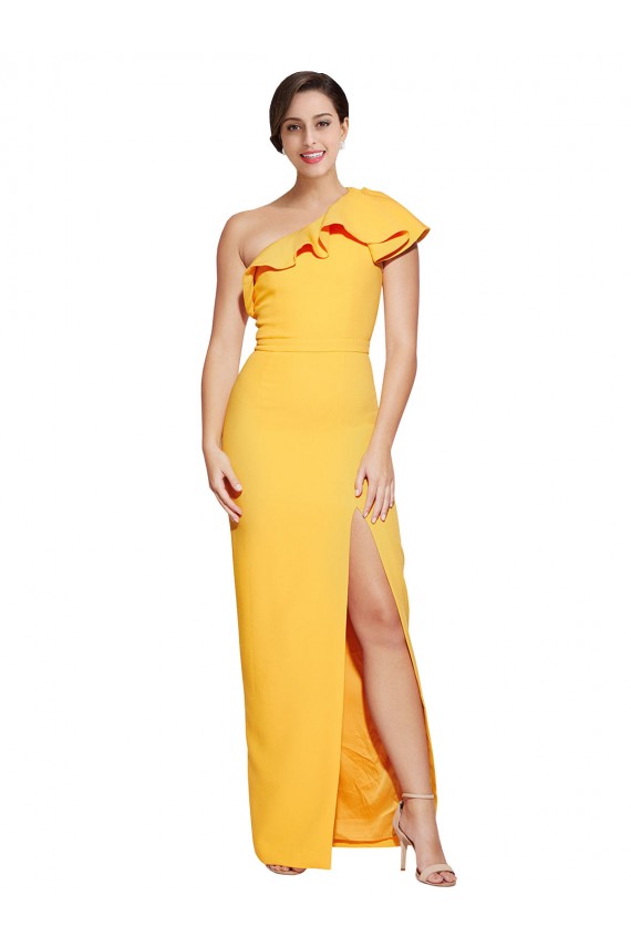 Outlet Stretch Crepe One Shoulder Sleeveless Saffron Long Formal Evening Dress