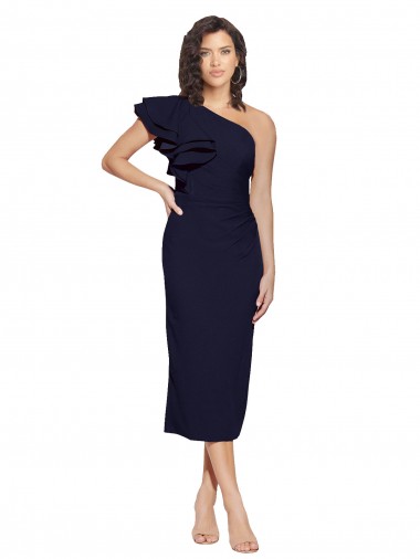Outlet Stretch Crepe One Shoulder Sleeveless Dark Navy Midi Length Formal Evening Dress