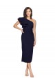 Outlet Stretch Crepe One Shoulder Sleeveless Dark Navy Midi Length Formal Evening Dress