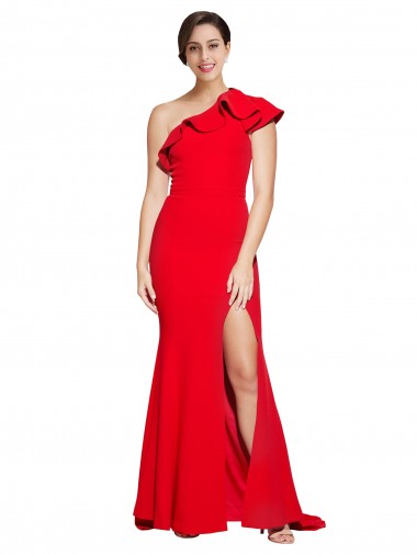 Outlet Stretch Crepe One Shoulder Sleeveless Red Sweep Train Semi Formal Evening Dress