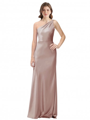 Outlet Stretch Satin One Shoulder Sleeveless Open Back Dusty Pink Long Formal Evening Dress
