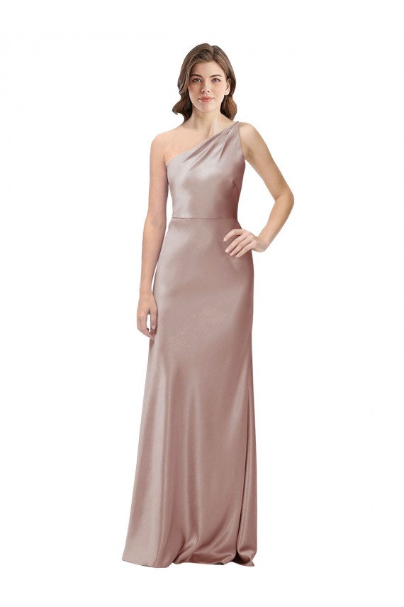 Outlet Stretch Satin One Shoulder Sleeveless Open Back Dusty Pink Long Formal Evening Dress