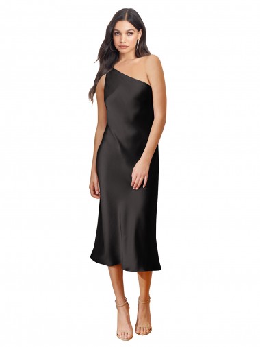 Outlet Stretch Satin One Shoulder Sleeveless Black Midi Length Black Tie Evening Dress