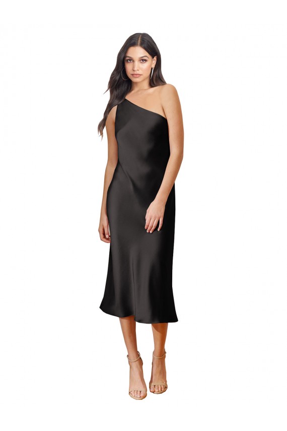 Outlet Stretch Satin One Shoulder Sleeveless Black Midi Length Black Tie Evening Dress