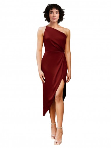 Outlet Stretch Satin One Shoulder Sleeveless Midi Length Black Tie Evening Dress