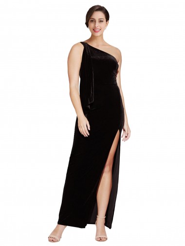 Outlet Stretch Velvet One Shoulder Sleeveless Black Long Formal Evening Dress