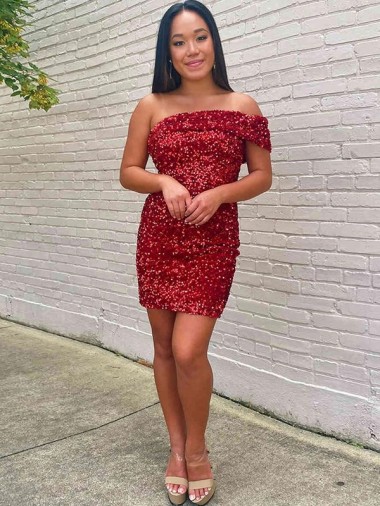 Outlet Velvet Sequin One Shoulder Sleeveless Short Evening Gown