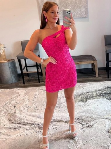 Outlet Velvet Sequin One Shoulder Sleeveless Fuchsia Short Evening Dresses
