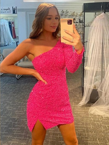 Outlet Velvet Sequin One Shoulder Long Sleeves Short Evening Gown