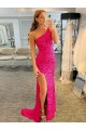 Outlet Velvet Sequin One Shoulder Sleeveless Sweep Train Long Evening Dress
