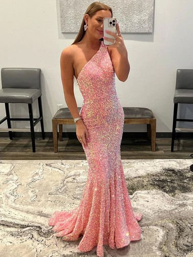 Outlet Velvet Sequin One Shoulder Sleeveless Sweep Train Evening Dress