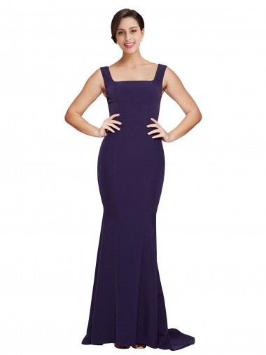 Outlet Stretch Crepe Square Neck Sleeveless Dark Navy Sweep Train Semi Formal Evening Dress