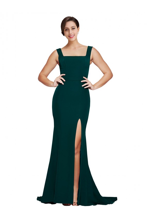 Outlet Stretch Crepe Square Neck Sleeveless Sweep Train Semi Formal Evening Dress
