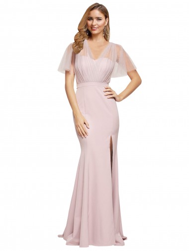 Outlet Stretch Crepe & Tulle One Shoulder Short Sleeves V-Back Long Formal Evening Dress