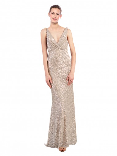 Outlet Sequin & Sparkling Sequin V-Neck Sleeveless V-Back Silver Long Formal Evening Dress