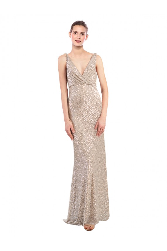 Outlet Sequin & Sparkling Sequin V-Neck Sleeveless V-Back Silver Long Formal Evening Dress