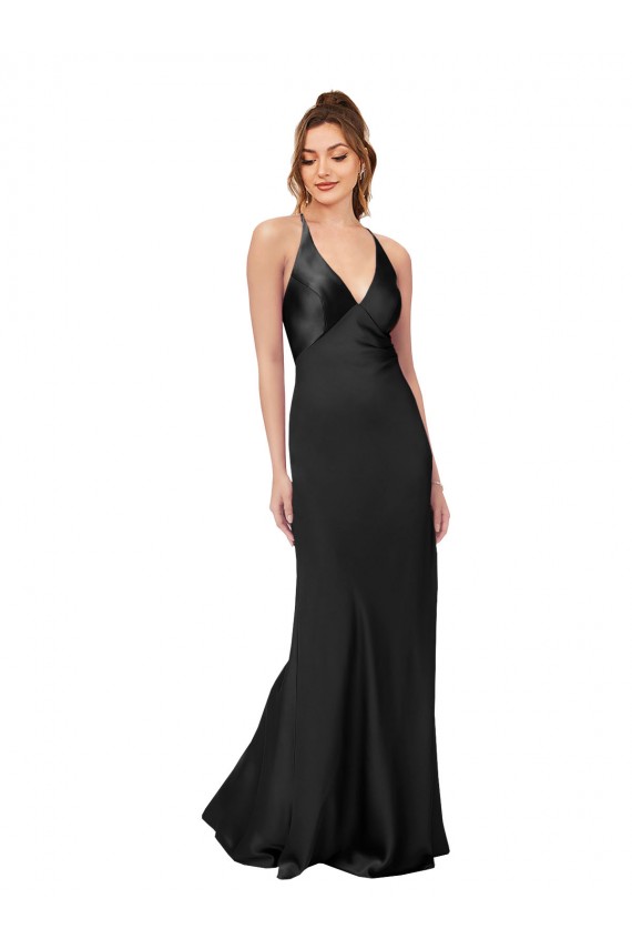Outlet Silky Satin V-Neck Sleeveless Open Back Long Black Tie Evening Dress