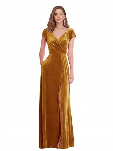 Outlet Stretch Velvet V-Neck Cap Sleeves Long Formal Evening Dress
