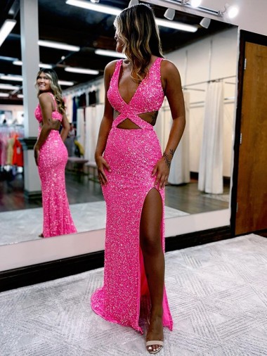 Outlet Velvet Sequin V-Neck Sleeveless Long Sweep Train Evening Dress