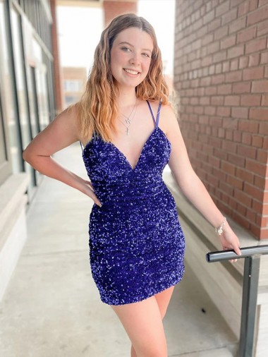 Outlet Velvet Sequin V-Neck Sleeveless Short Cocktail Evening Gown