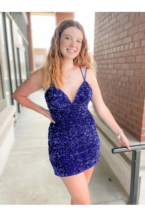 Outlet Velvet Sequin V-Neck Sleeveless Short Cocktail Evening Gown