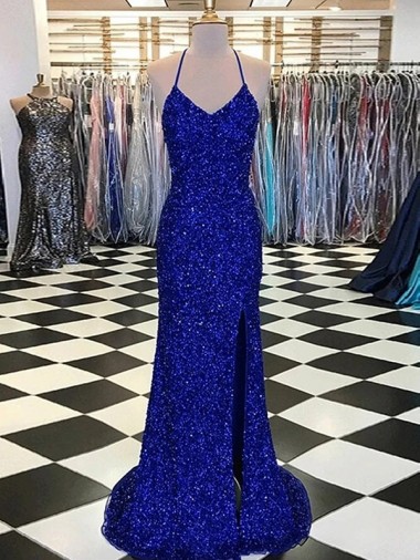 Outlet Velvet Sequin V-Neck Sleeveless Royal Blue Sweep Train Evening Gown