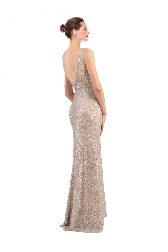 Outlet Sequin & Sparkling Sequin V-Neck Sleeveless V-Back Silver Long Formal Evening Dress