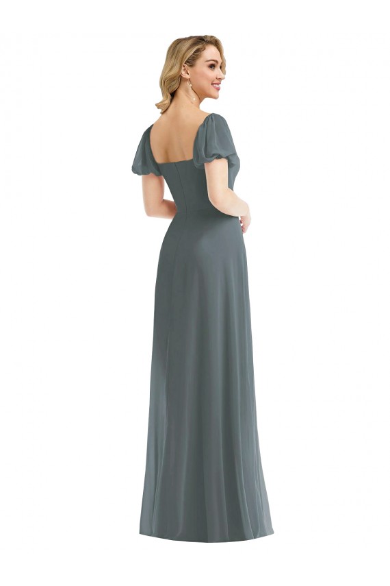 Outlet Soft Chiffon Square Neck Puff Sleeves Long Semi Formal Evening Dress