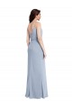Outlet Stretch Crepe Spaghetti Straps Sleeveless V-Back Smoke Blue Long Formal Evening Dress