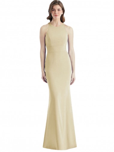 Outlet Stretch Crepe Bateau Neck Sleeveless Open Back Champagne Long Semi Formal Evening Dress