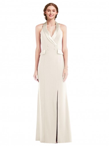 Outlet Stretch Crepe Halter Neck Sleeveless Low Back Long Semi Formal Evening Dress