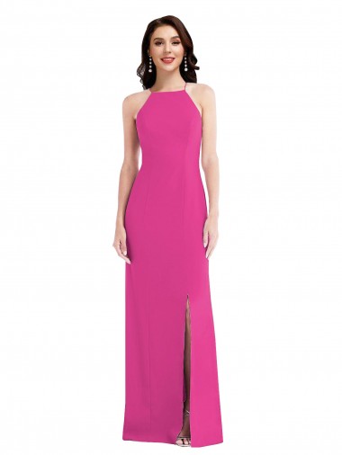 Outlet Stretch Crepe Halter Neck Sleeveless Open Back Fuchsia Long Formal Evening Dress