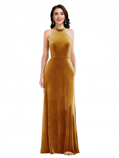 Outlet Stretch Velvet Halter Neck Sleeveless Keyhole Back Long Semi Formal Evening Dress