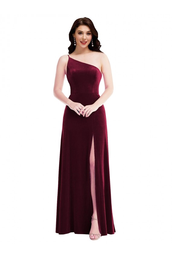 Outlet Stretch Velvet One Shoulder Sleeveless Burgundy Long Black Tie Evening Dress