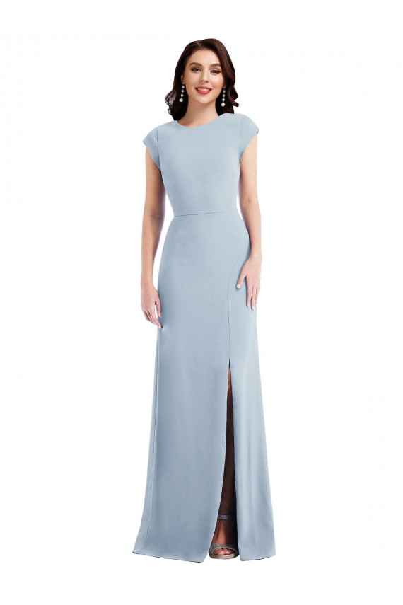 Outlet Stretch Crepe Cap Sleeves Open Back Long Formal Evening Dress